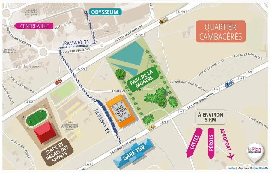 Plan Cambacérès Montpellier — tramway T1, Halle French Tech, Gare TGV, Parc de la Mogère
