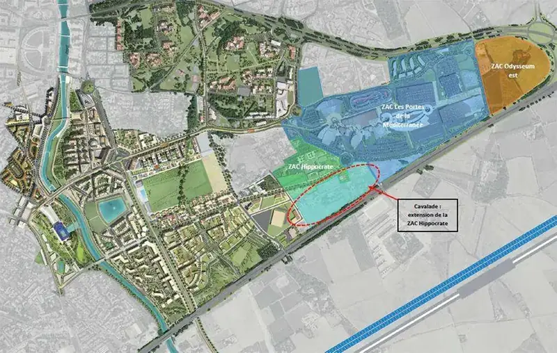 Plan ZAC Hippocrate Montpellier — extension Cavalade, ZAC Odysseum Est, Portes de la Méditerranée